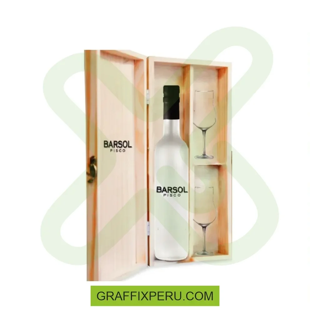 caja de madera con pisco personalizado 500ml y 3 copas - Vista alternativa