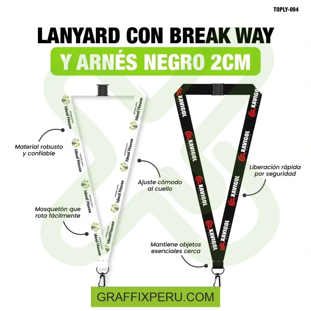 lanyard con arnes negro y break way 2cm