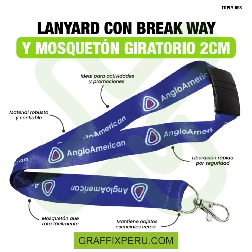 lanyard con mosqueton giratorio con palanca y break way 2cm - Vista alternativa