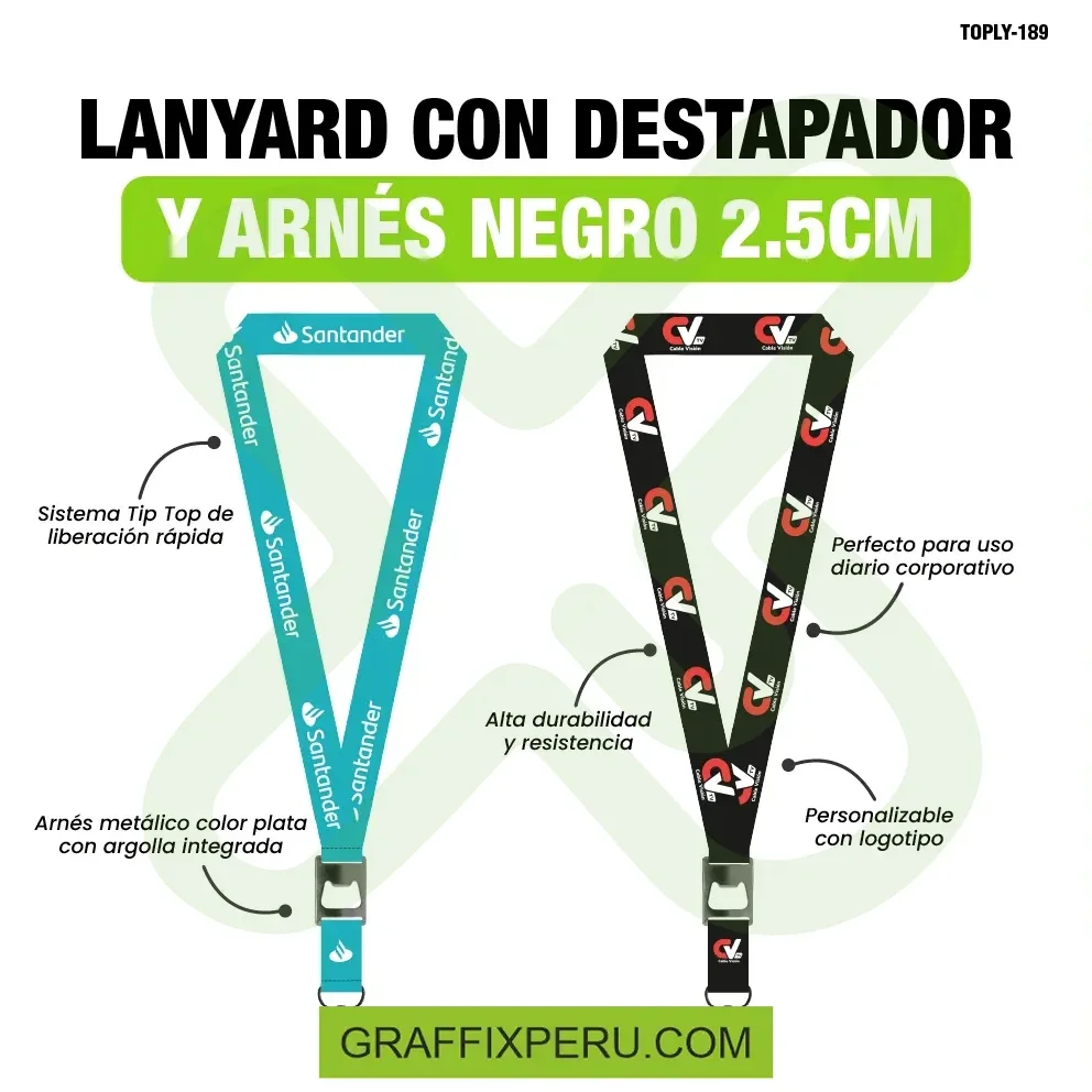 lanyard con destapador y arnes negro 2.5cm