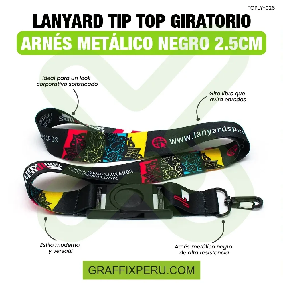lanyard con tip top giratorio y arnes negro 2.5cm