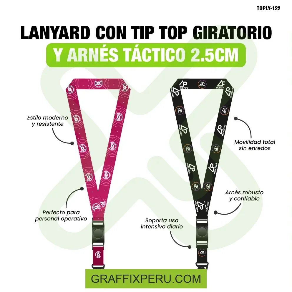lanyard con tip top giratorio y arnes tactico 2.5cm