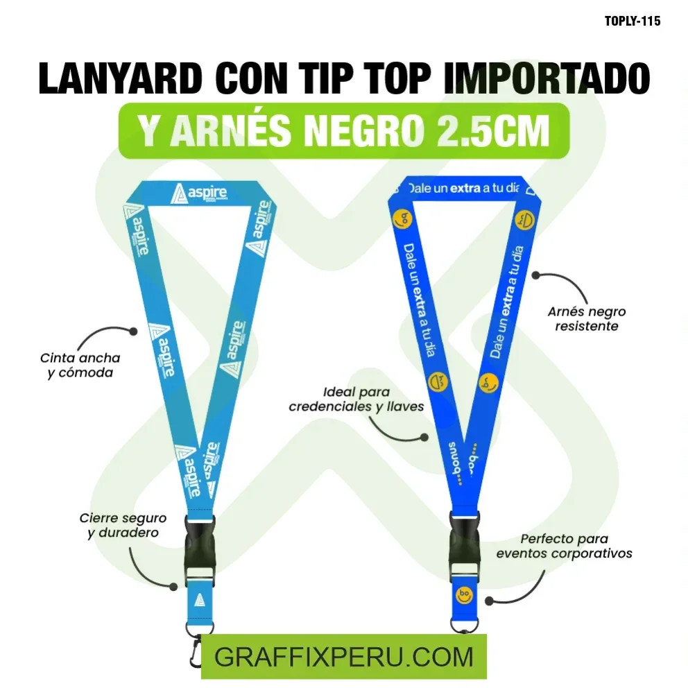 lanyard con tip top plano importado y arnes negro 2.5cm - Vista alternativa