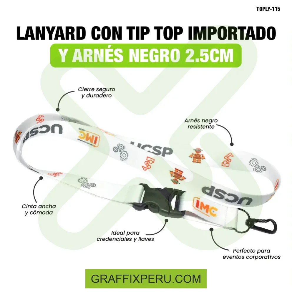 lanyard con tip top plano importado y arnes negro 2.5cm