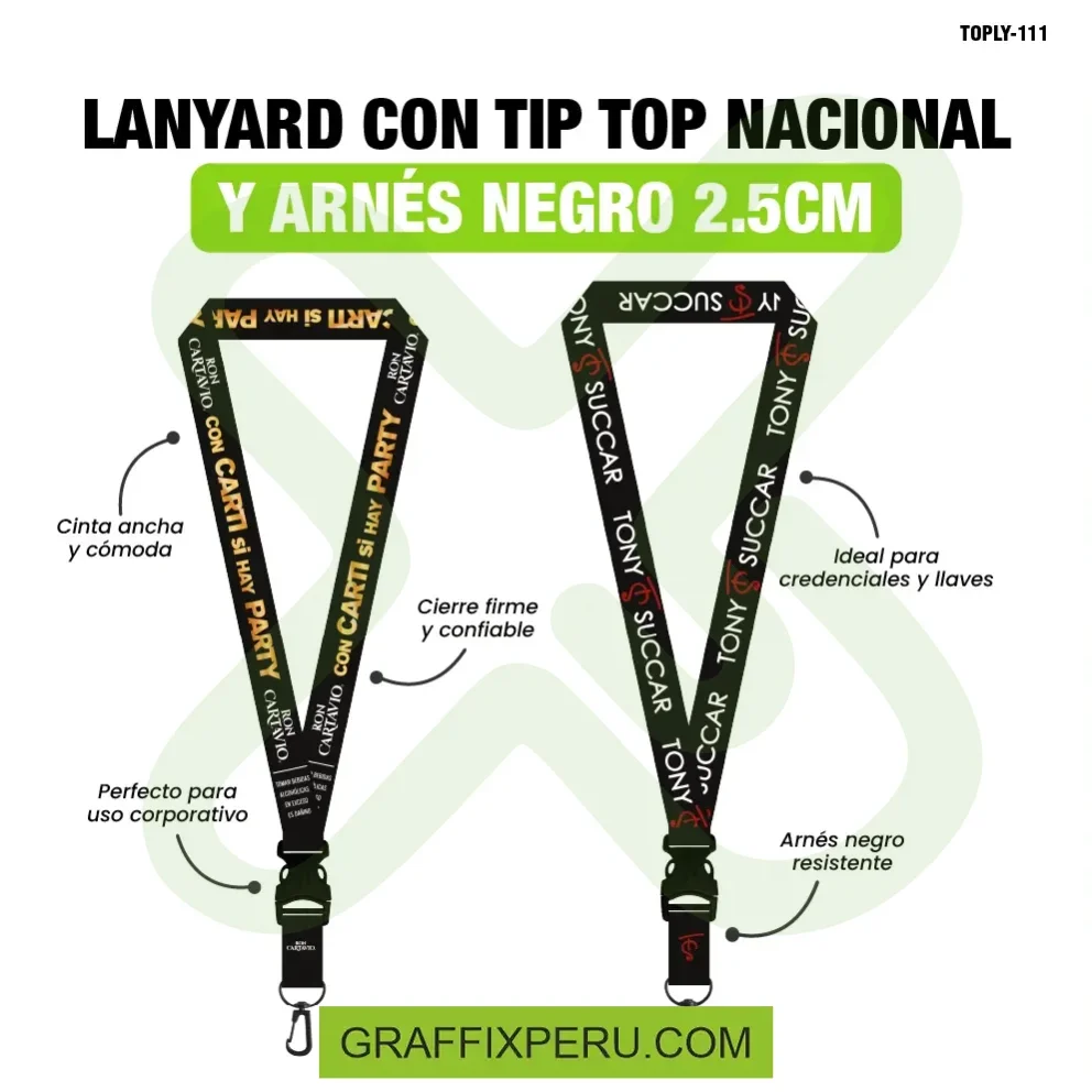 lanyard con tip top plano nacional y arnes negro 2.5cm - Vista alternativa
