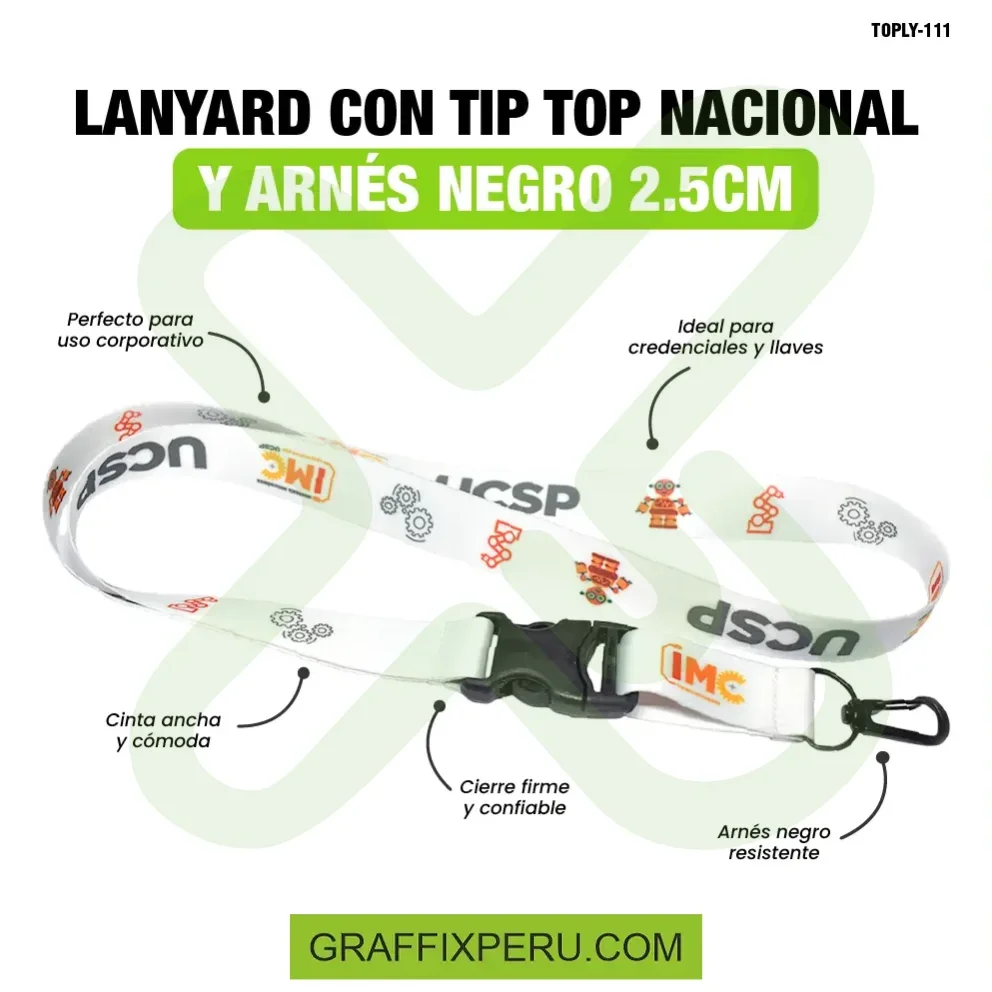 lanyard con tip top plano nacional y arnes negro 2.5cm