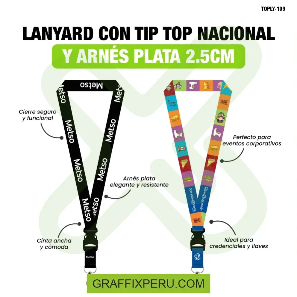 lanyard con tip top plano nacional y arnes plata 2.5cm