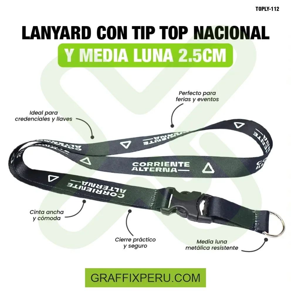 lanyard con tip top plano nacional y media luna 2.5cm
