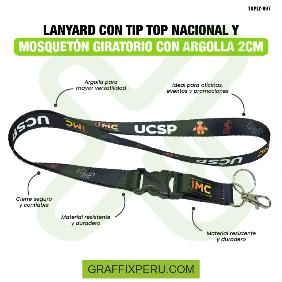 lanyard con tip top plano nacional o importado, mosqueton giratorio con palanca y argolla 2cm - Vista alternativa