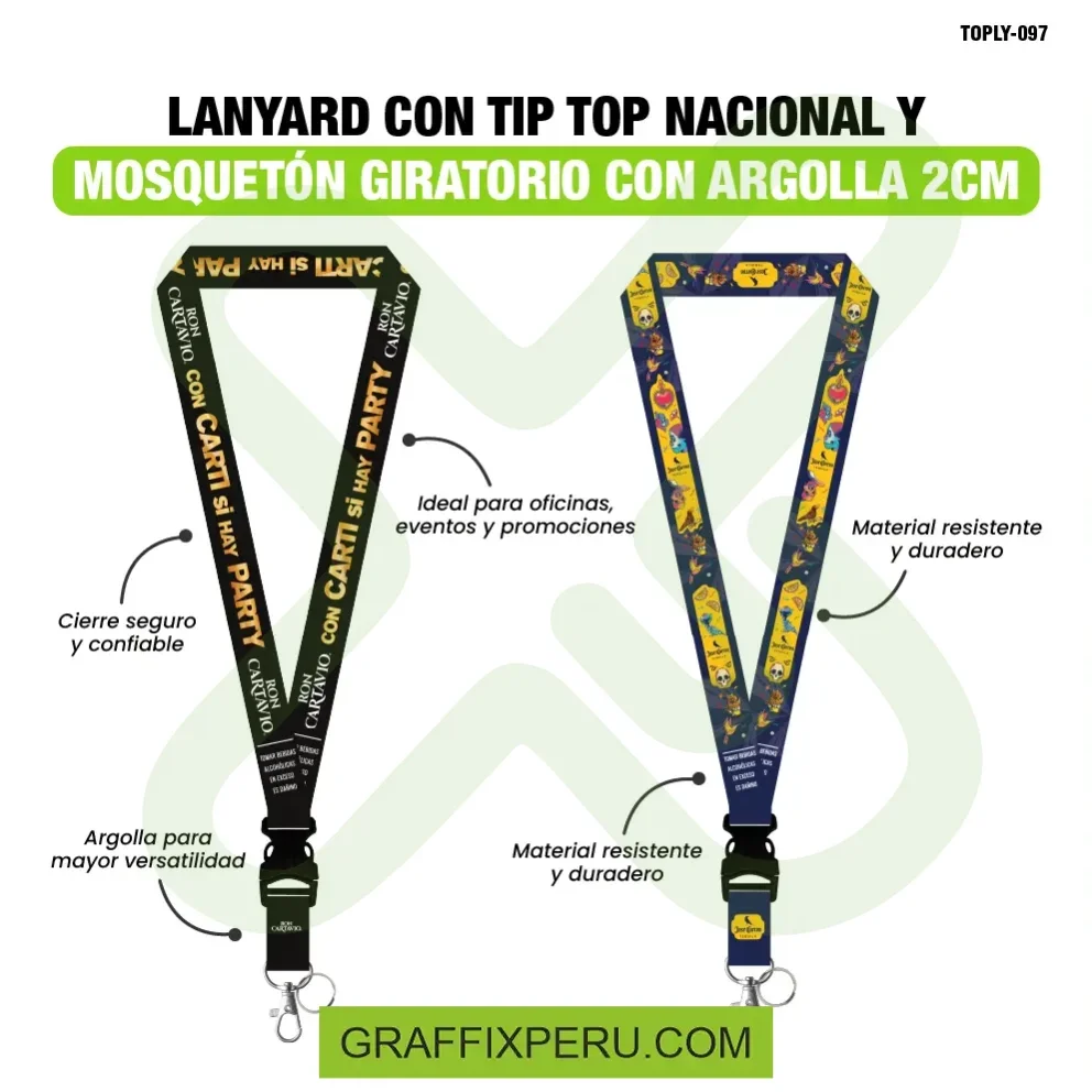 lanyard con tip top plano nacional o importado, mosqueton giratorio con palanca y argolla 2cm