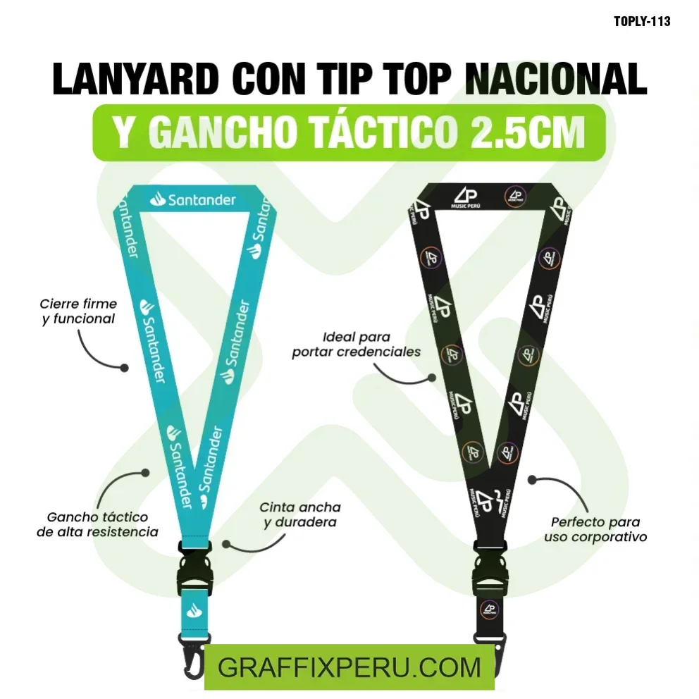lanyard con tip top plano nacional y arnes tactico 2.5cm