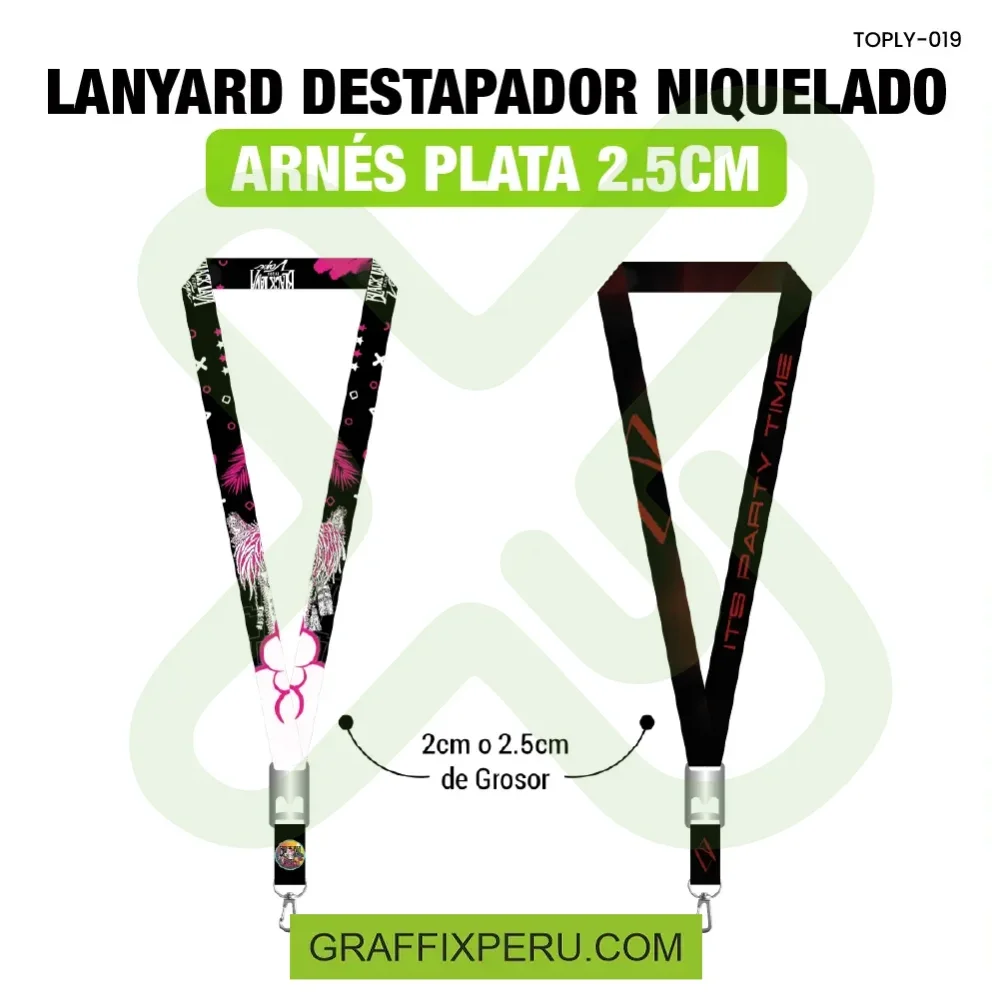lanyard con destapador y arnes plata 2.5cm