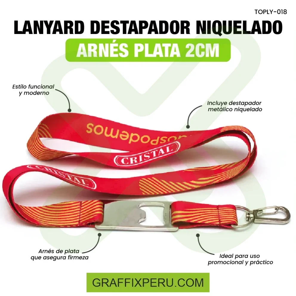 lanyard con destapador y arnes plata 2cm