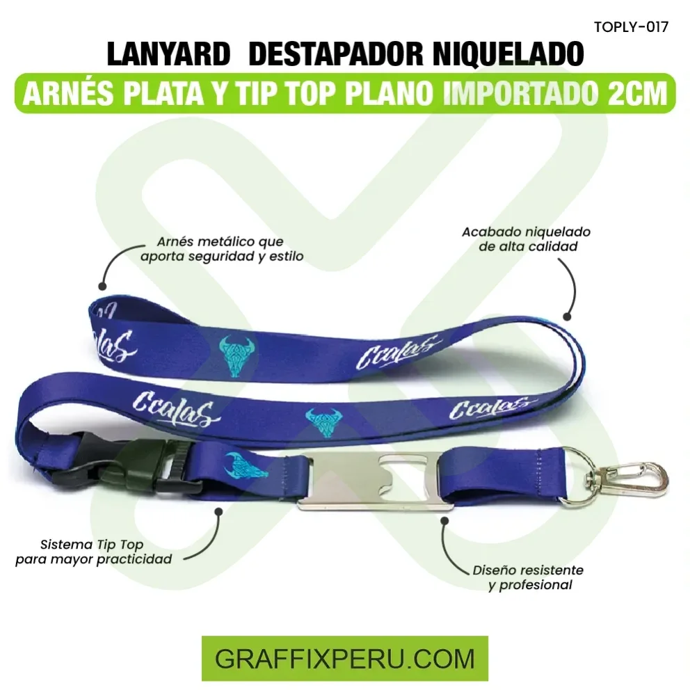 LANYARD DESTAPADOR NIQUELADO CON ARNES PLATA Y TIP TOP IMPORTADO DE 2CM