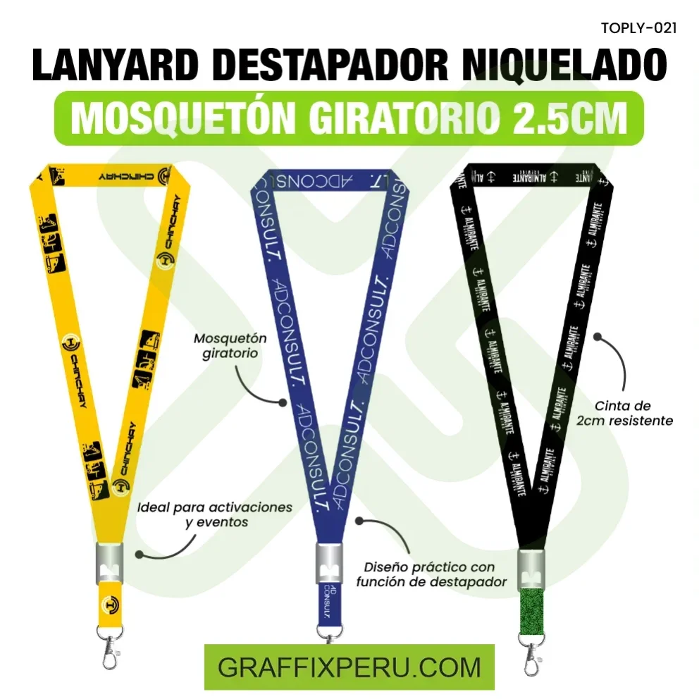 lanyard con destapador con mosqueton giratorio y palanca 2,5cm
