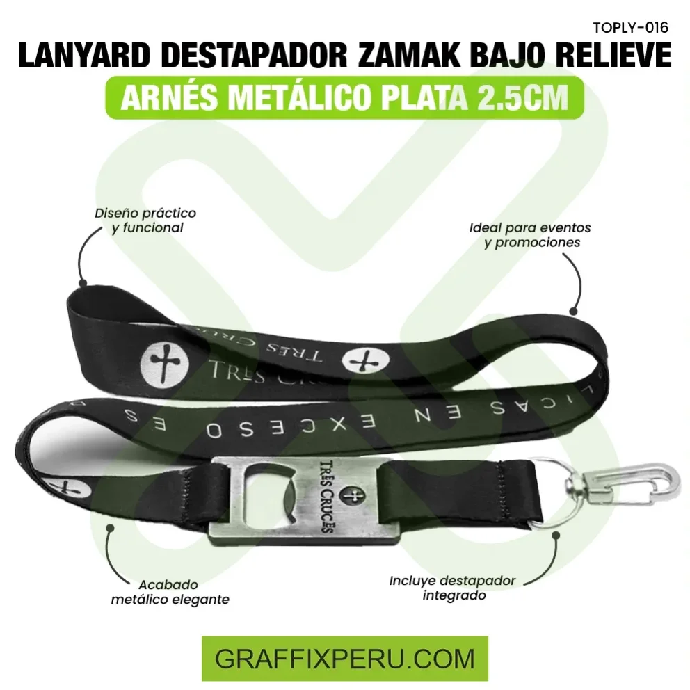lanyard destapador zamak con arnes plata o negro 2.5cm