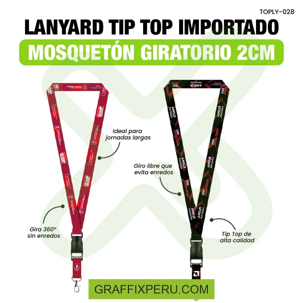 lanyard con tip top plano importado y mosqueton giratorio con palanca 2cm - Vista alternativa
