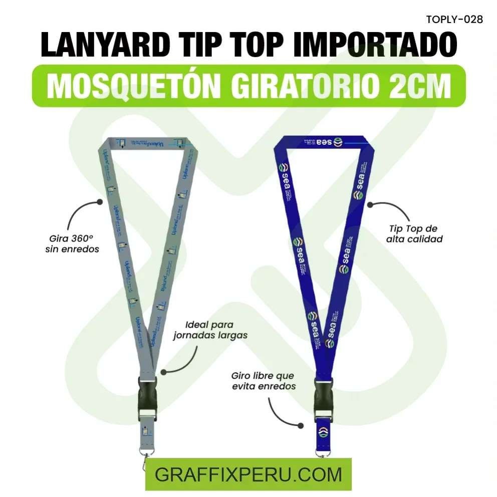 lanyard con tip top plano importado y mosqueton giratorio con palanca 2cm