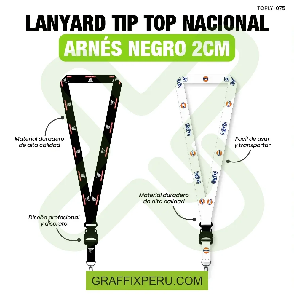 lanyard con tip top plano nacional y arnes negro 2cm