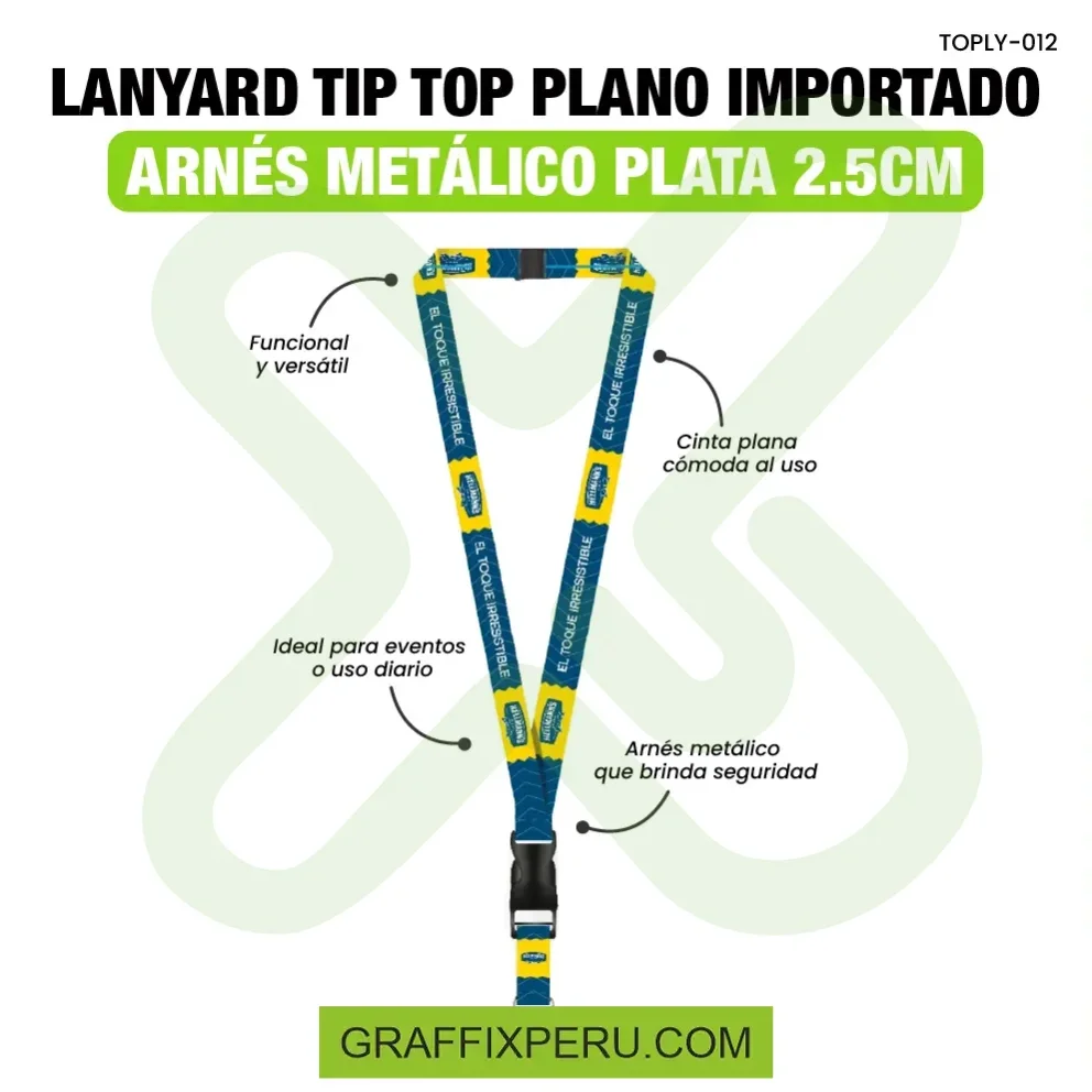 lanyard con tip top plano importado y arnes plata 2.5cm