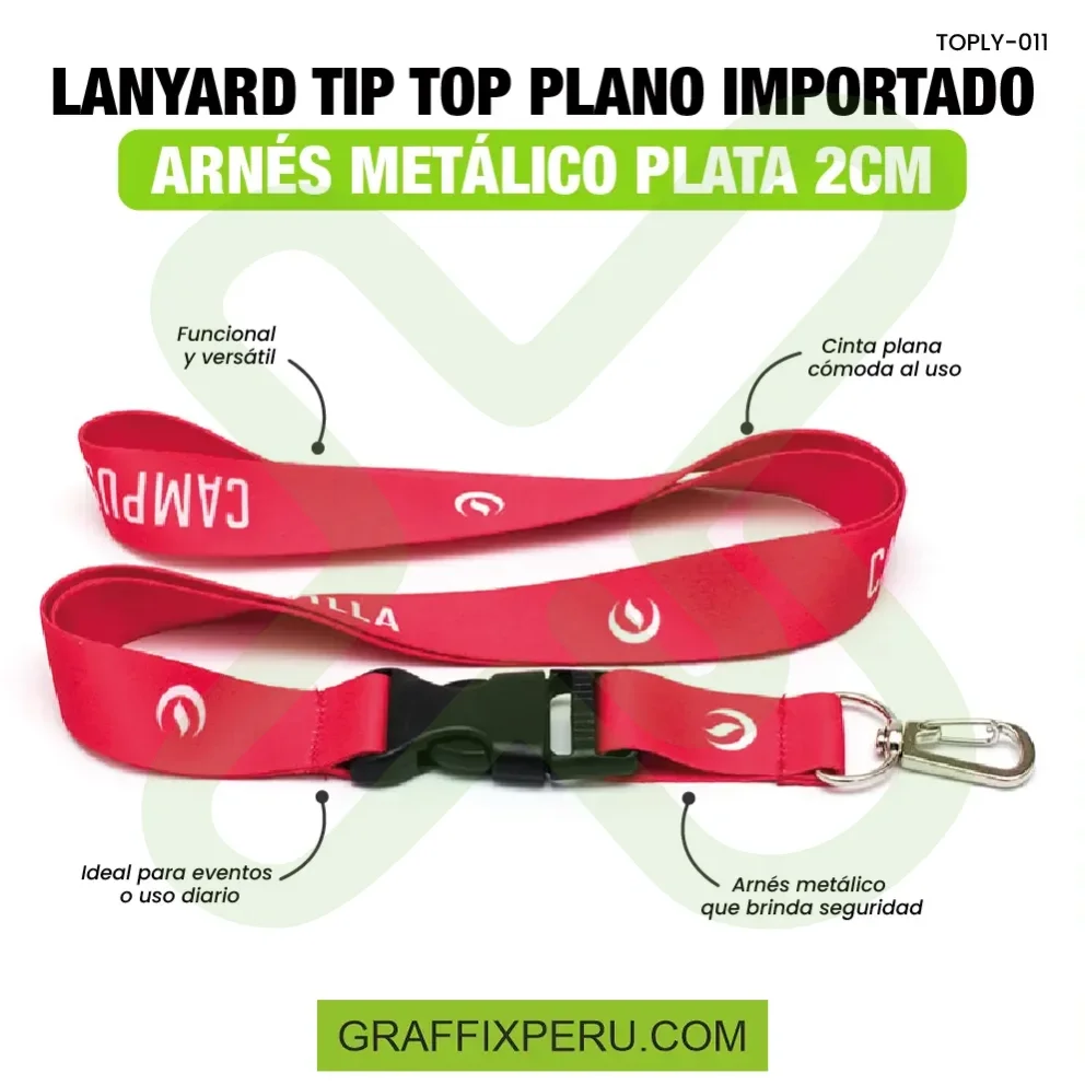 Lanyard con tip top plano importado y arnes plata 2cm