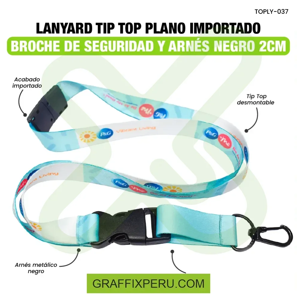 LANYARD CON TIP TOP PLANO IMPORTADO CON BROCHE DE SEGURIDAD Y ARNES NEGRO 2CM