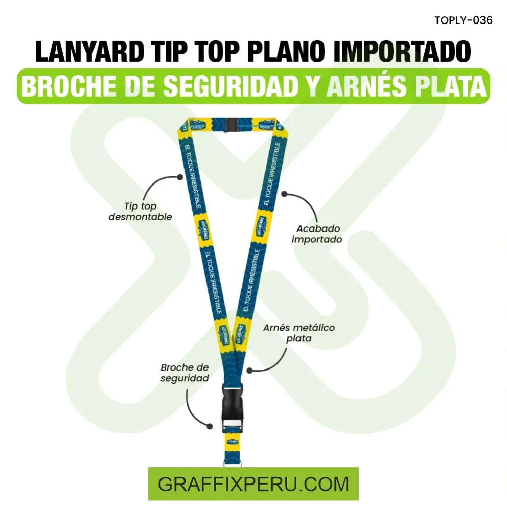 lanyard con tip top plano nacional o importado, mosqueton giratorio con palanca o arnes plata y break way 2cm