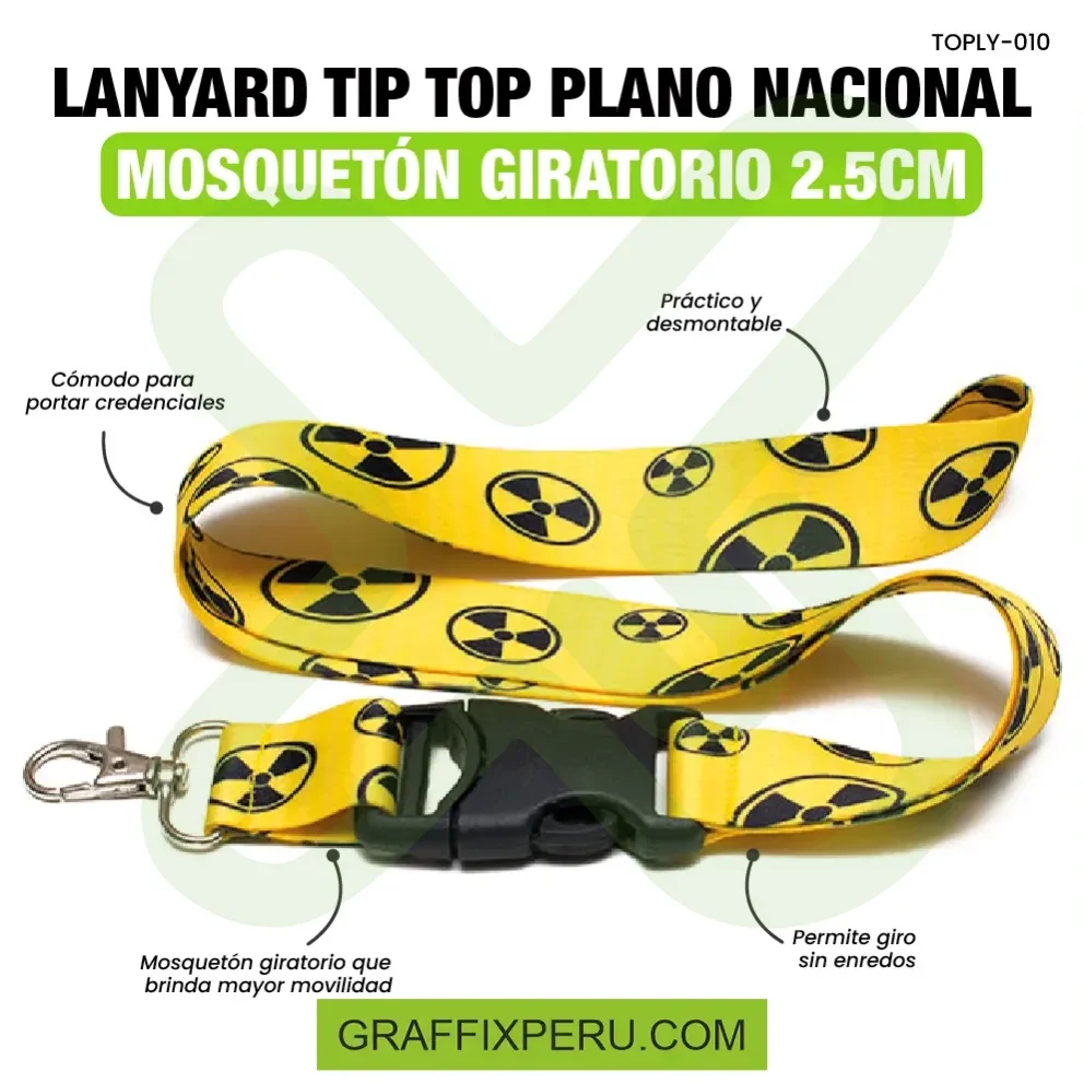 lanyard con tip top plano nacional y mosqueton giratorio con palanca 2,5cm