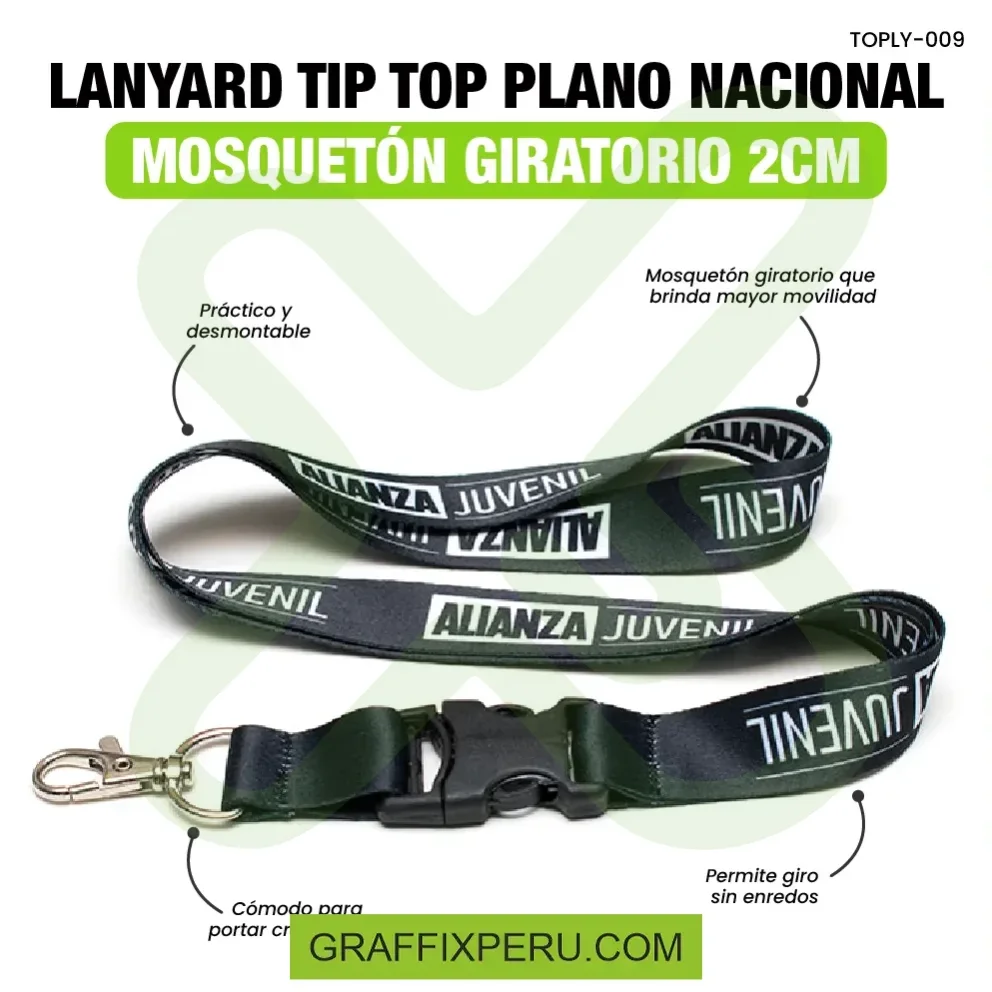 lanyard con tip top plano nacional y mosqueton giratorio con palanca 2cm