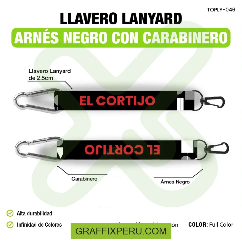 llavero lanyard con carabiner y arnes negro 2.5cm - Vista alternativa
