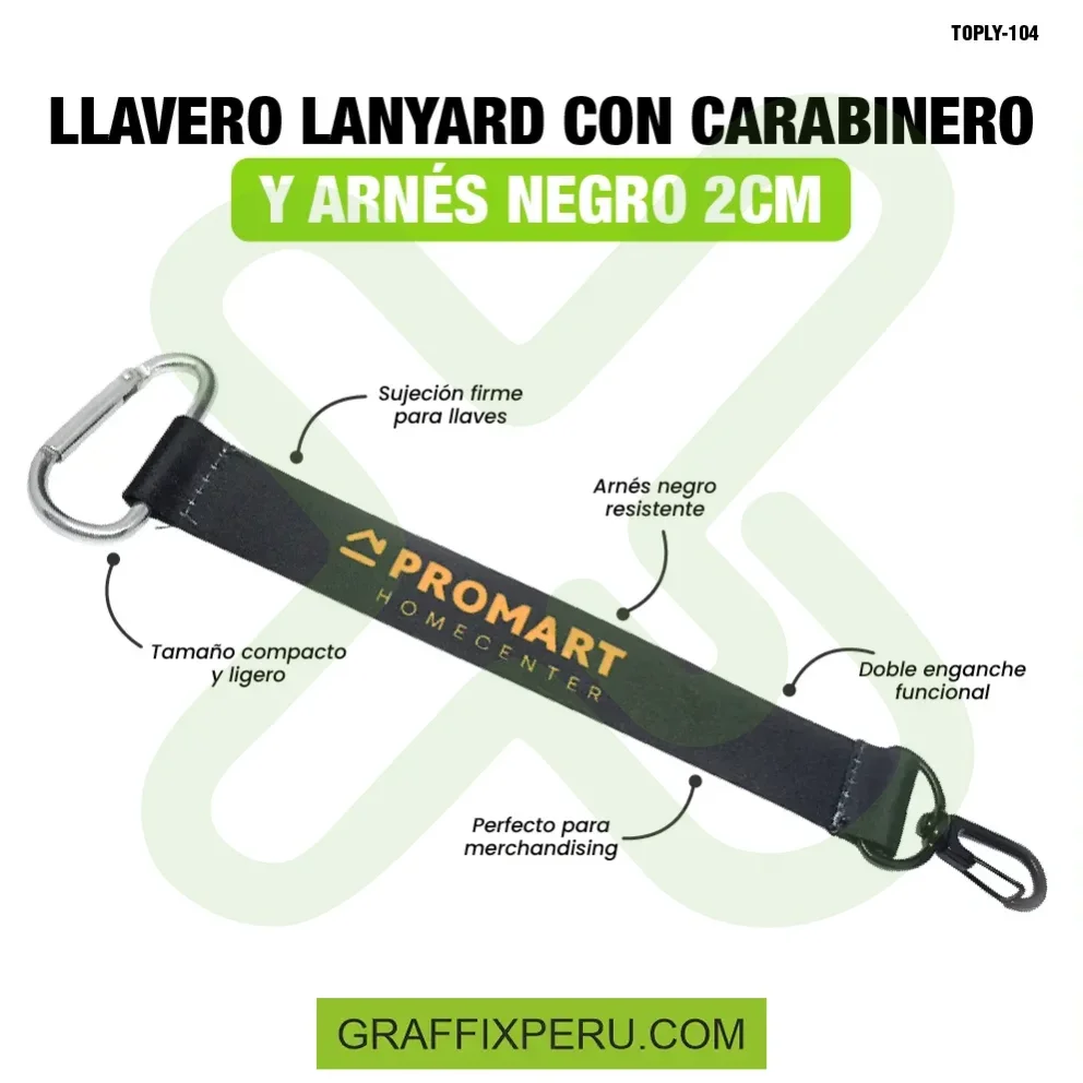 llavero lanyard con carabiner y arnes negro 2cm - Vista alternativa