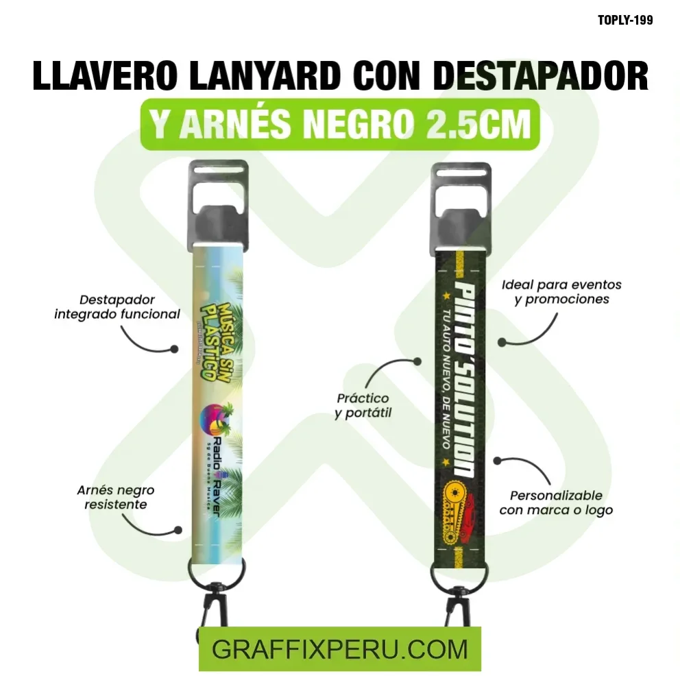 llavero lanyard con destapador y arnes negro 2.5cm