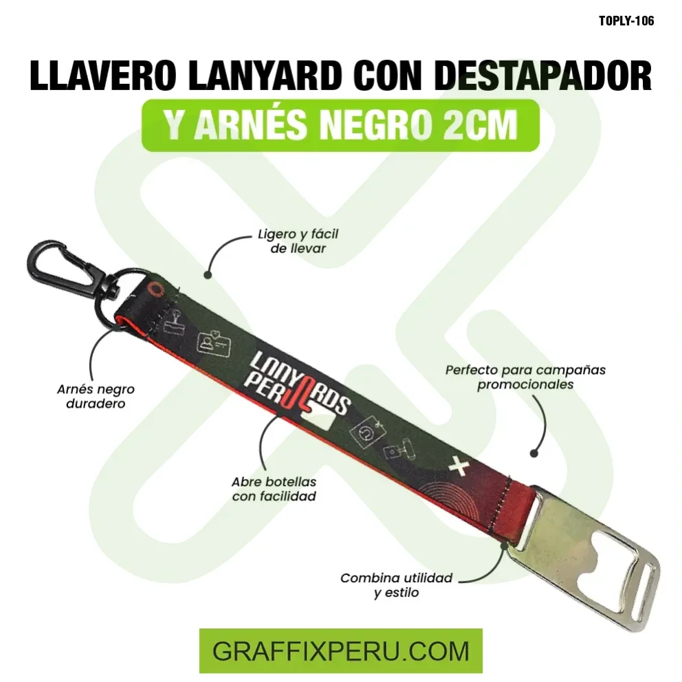 llavero lanyard con destapador y arnes negro 2cm