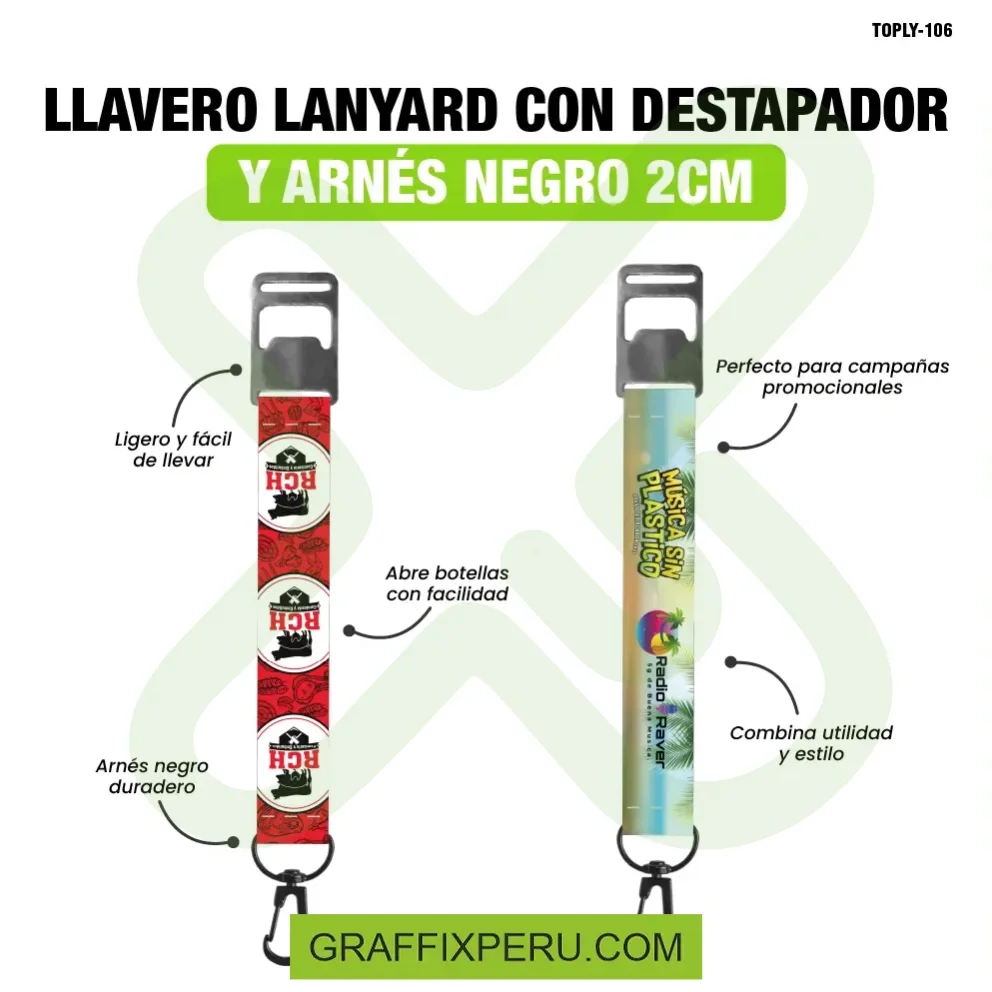 llavero lanyard con destapador y arnes negro 2cm - Vista alternativa