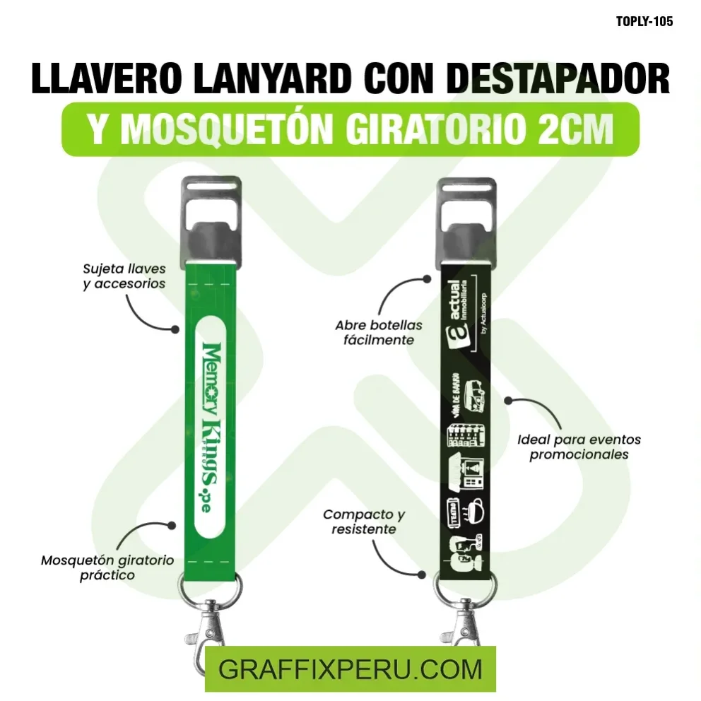 llavero lanyard con destapador y mosqueton giratorio con palanca 2cm