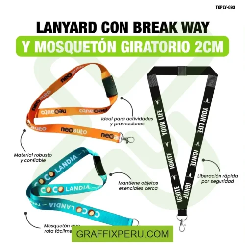 lanyard con mosqueton giratorio con palanca y break way 2cm - Foto 1