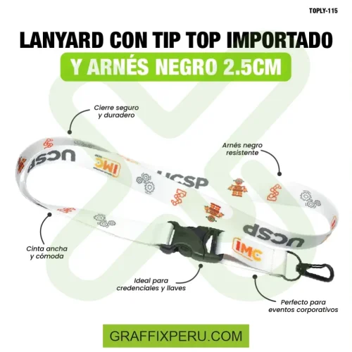 lanyard con tip top plano importado y arnes negro 2.5cm - Foto 1