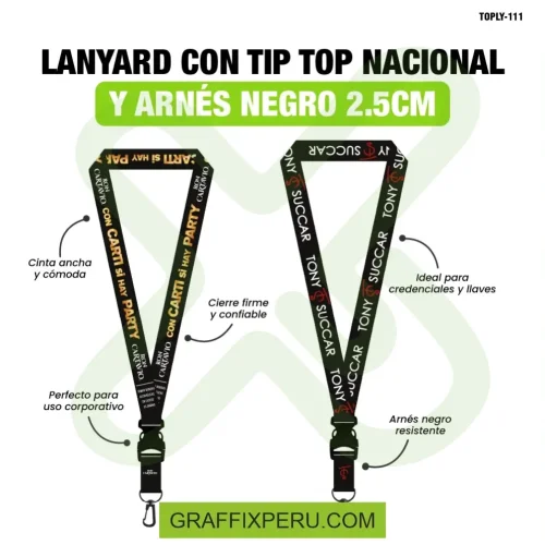 lanyard con tip top plano nacional y arnes negro 2.5cm - Foto 2