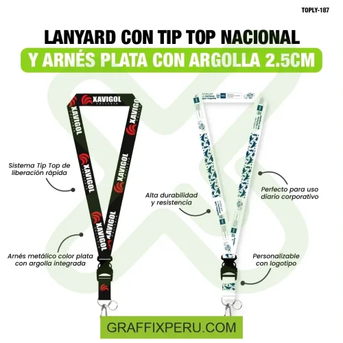 lanyard con tip top plano nacional o importado, arnes plata y argolla 2.5cm - Foto 1