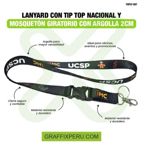 lanyard con tip top plano nacional o importado, mosqueton giratorio con palanca y argolla 2cm - Foto 2