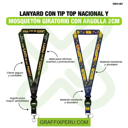 lanyard con tip top plano nacional o importado, mosqueton giratorio con palanca y argolla 2cm - Foto 1