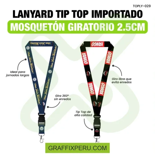 lanyard con tip top plano importado y mosqueton giratorio con palanca 2,5cm - Foto 1