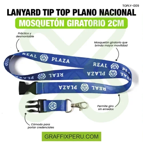lanyard con tip top plano nacional y mosqueton giratorio con palanca 2cm - Foto 2